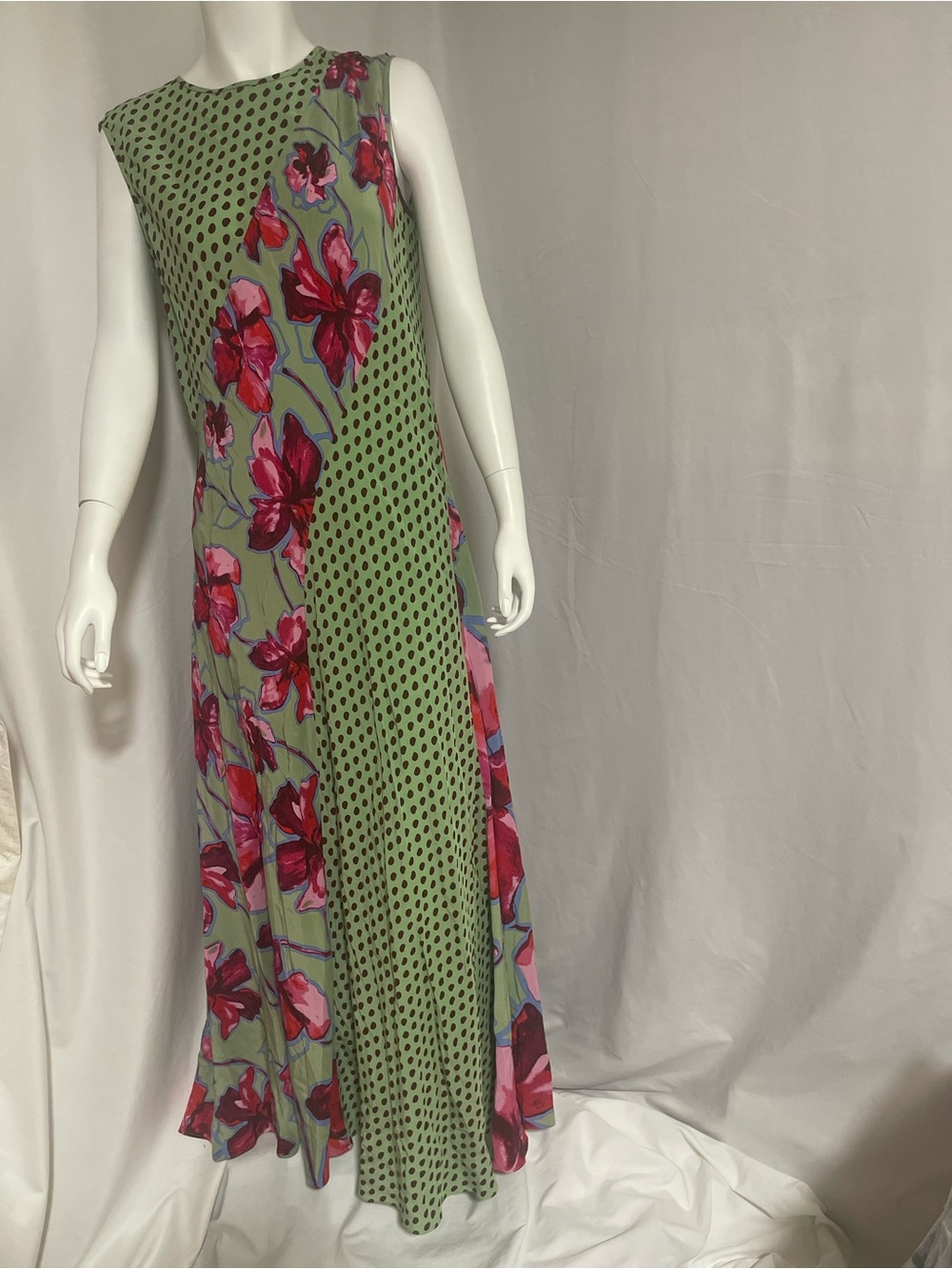 Diane Von Furstenberg Sleeveless Maxi Dress in Sage Green with Pink Floral - Picture 2 of 15
